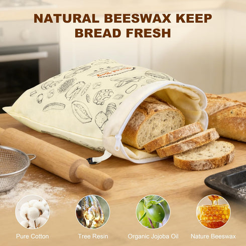 2 Packs BuyCard Bread Bag Reusable Beeswax Food Storage Bag, Natural Cotton with Bread Pattern Design, Zipper Reusable