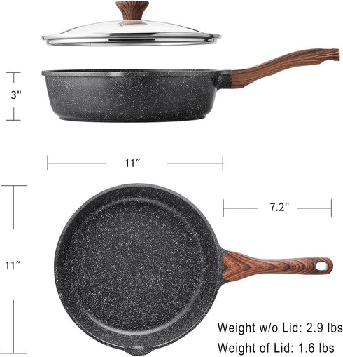 SENSARTE Nonstick Deep Frying Pan Skillet, 11-inch Saute Pan with Lid, Healthy Stone Cookware, Induction Compatible