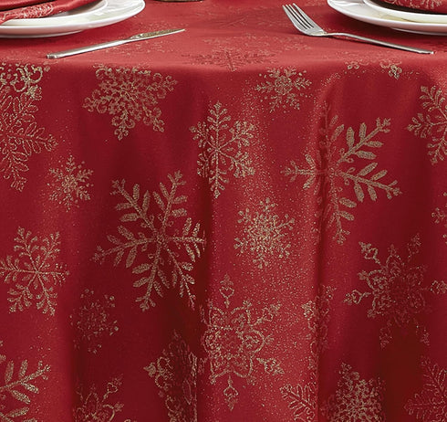 Newbridge Fancy Metallic Snowflake Christmas Tablecloth - 70 Inch Round, Red Gold, No-Iron Soil Resistant Holiday Cover