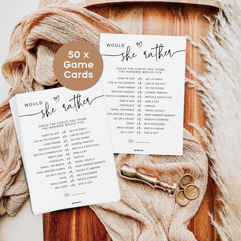 50 50 Would She Rather Bridal Shower Game Cards, Baby Shower Games, Guests, Minimalist White