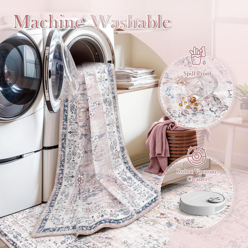 5x7 LIVEBOX Machine Washable Rug, Pink Rugs for Bedroom Girls, Soft Boho Floral Nursery Rug, Non-Slip Indoor Ultra-Thin