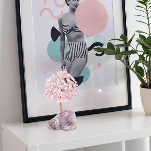 Jovivi Natural Rose Quartz Crystal Tree, Bonsai Money Tree with Raw Healing Crystals Fluorite Base for Home Office Decor