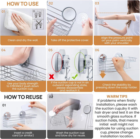 LEVERLOC Suction Cup Shower Organizer - Removable Shelf with Hooks & Soap Holder