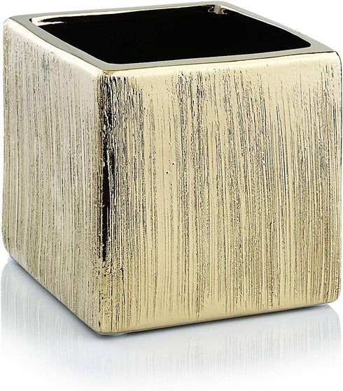 WGV Ceramic Cube Vase Width 4" Height 4" (Fits 3" Pot) - Elegant Modern Block Floral Planter for Home Office Decor