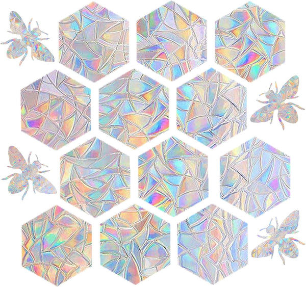 STICKERGURU 16 Pieces Hexagons and Bee Window Clings - Non Adhesive Vinyl Decals to Save Birds, Rainbow