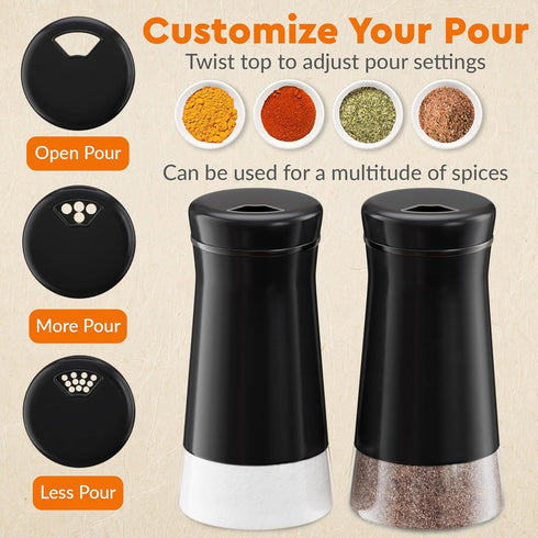 HOME EC Original Salt and Pepper Shakers Set - Black Spice Dispenser with Adjustable Pour Holes for Salts and Ground