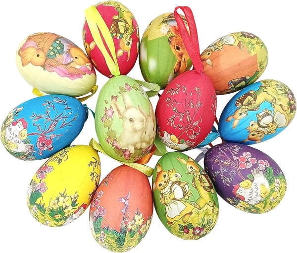 Gardeningwill 12pcs Vintage Style Paper Mache Foam Egg Hanging Ornaments - Easter Decoration