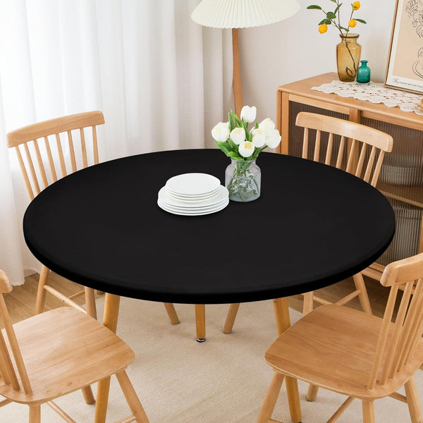 eeivs Black Round Fitted Tablecloth Spandex Stretchable End Table Cover with Elastic