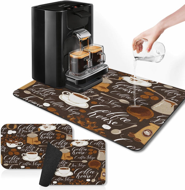 Coffee Mat for Countertops, 2 Pcs Retro Vintage Brown Dish Drying Mat for Kitchen Coffee Bar, Fits Under Espresso