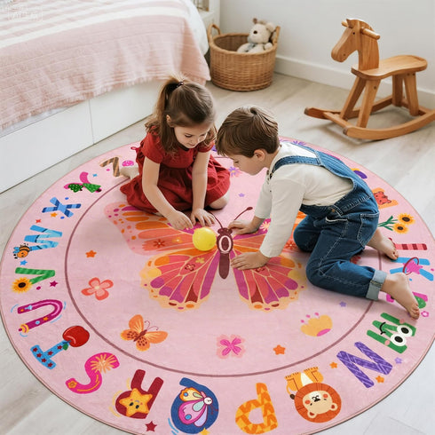 4ft ABC Kids Alphabet Round Rug Washable Soft Circle Nursery Rug, Non-Slip Educational Carpet with Pink Butterfly