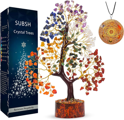 Seven Chakra Gemstone Tree with Chakra Pendant - Crystal Tree Home Decor, Birthday Gifts for Women, 10-12"