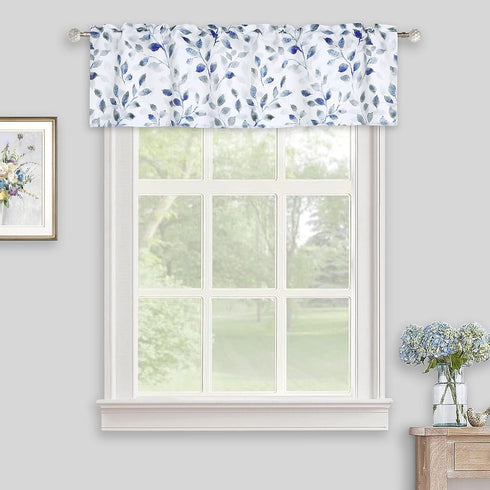 Valance for Windows Watercolor Leaves Print Rod Pocket for Kitchen 52 x 14 Inches, Blue/Gray