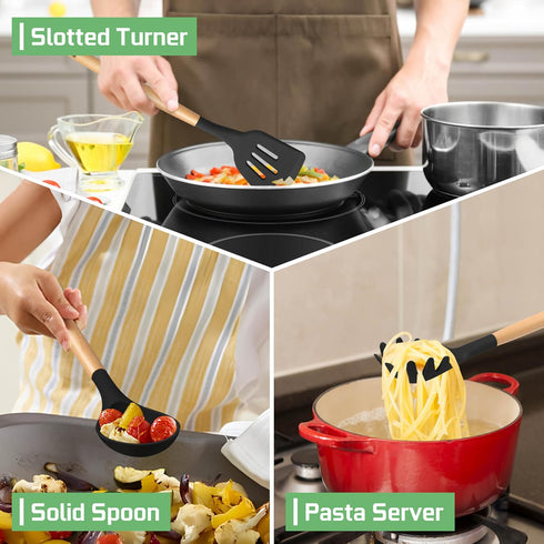 TeamFar Silicone Kitchen Utensils Set, 6 Piece Set with Wooden Handles for Non-stick Cookware