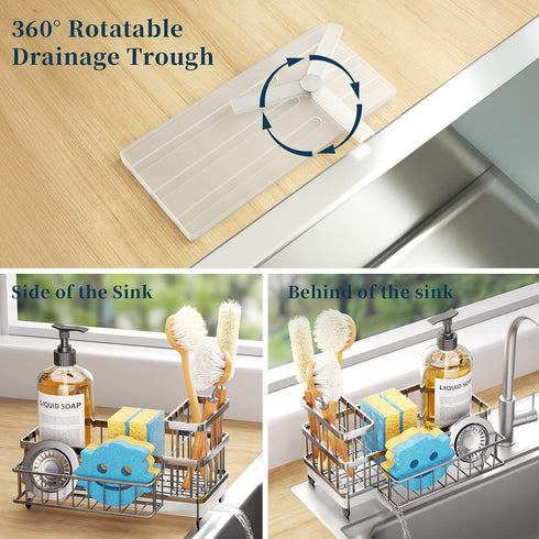 Countertop Consumest Sponge Holder for Kitchen Sink - Auto Draining Sink Caddy Organizer with Detachable Rack, High