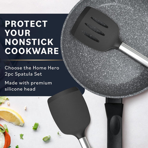 Home Hero Silicone Spatula Set with Ergonomic Handles - Stainless Steel High Heat Resistant Solid & Slotted Turner, BPA Free Non Stick Kitchen Utensils Set - Rubber Spatula for Eggs (Black) by Home Hero