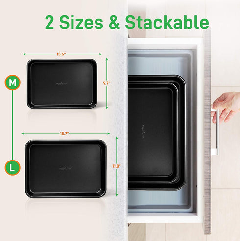 NutriChef Baking Sheet Pan Set, Non-Stick Cookie Sheets for Oven, 2-Piece Premium Large & Medium Size Baking Trays, Stackable & Durable, Black - NC2TRBL.5 by NutriChef