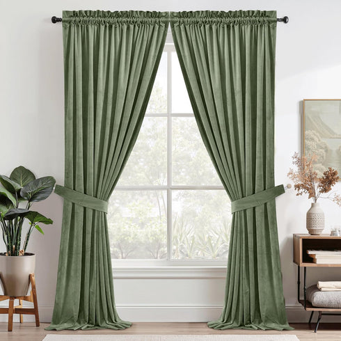 W52 L84, 2 StangH Sage Green Velvet Curtains - Rod Pocket Room Darkening Curtain Panels Heritage Plush Heat Insulation