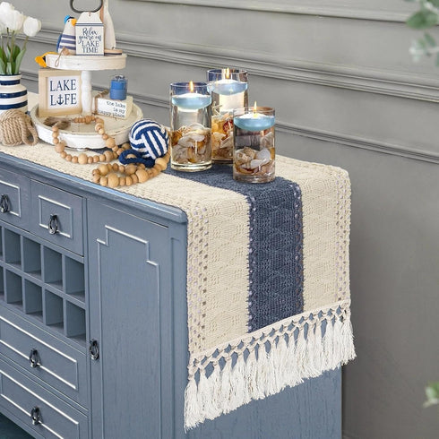Summer 48 Inches yuboo Boho Macrame Dresser Runner, Navy Blue Coffee Table Runner Short, Rustic Coastal Table Runner
