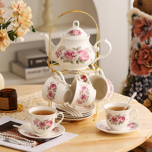 TATSUMI 20-Pieces Set Sets Sets Home&Party(016) Tea For Adult with Golden Metal Rack,Porcelain Tea For Women,Tea Gift