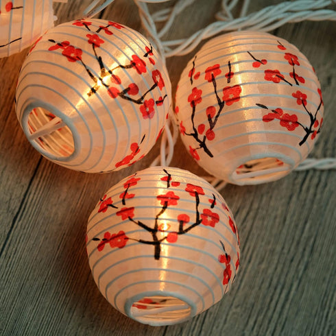 YULETIME Plum Blossom Lantern String Lights, 10 Count Nylon Lantern on 7.6' White Wire, UL Listed