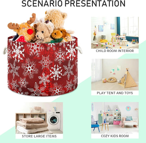 Christmas Large Storage Basket with Red Pattern and Snowflakes for Toys, Clothes, Laundry Hamper Organizer Bag with
