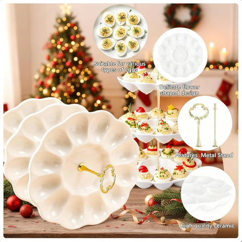 3 36 Countertop Tier Ceramic Easter Deviled Egg Platter Hole Deviled Egg Tray Container, Detachable Eggs Holder Tower