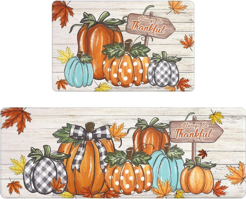 U'Artlines Fall Kitchen Mat - Anti Fatigue Cushioned Comfort Mats, Colorful Pumpkin Kitchen Rugs 17"x28"+17"x47"