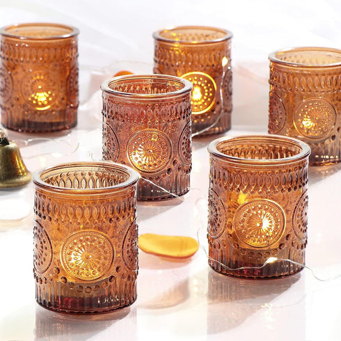 DEVI 24pcs Vintage Amber Votive Candle Holders, Amber Glass Tea Lights Candle