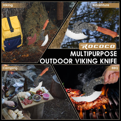 ROCOCO Hand Forged Viking Cleaver Knife, Butcher Meat Cutting Boning Axe with Sheath for Home Outdoor BBQ Camping Gift
