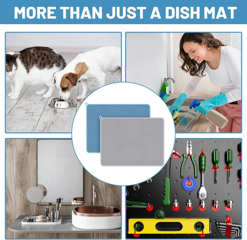 Hushee 2 Pack Extra Large Dish Drying Mat, Microfiber Absorbent Pad for Countertop, Sink, Refrigerator (Blue, Gray, 30