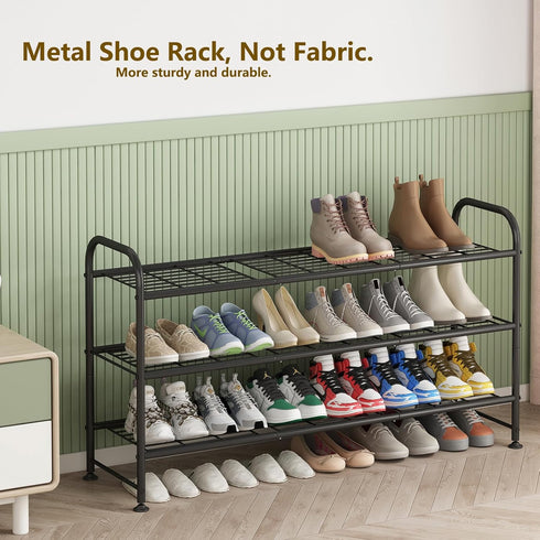 3 Closet LINZINAR Shoe Rack Tier Long Metal Shoe Organizer for Entryway Black