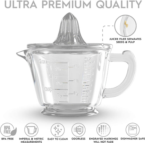 Glass Measuring Cup 2-Cup with Lemon and Lime Juicer, Manual Juicer, and Liquid Measuring Cup