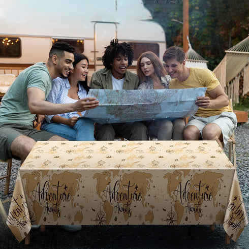 3 108 54 Inch Frienda Pcs Adventure Awaits Tablecloth Travel Party Decorations Bon Voyage World Map Table Cloth Plastic