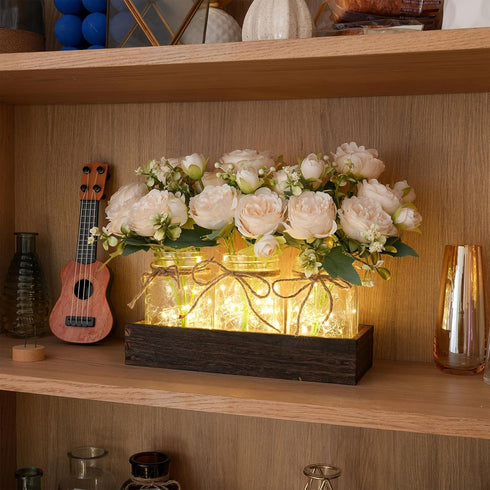 3 Summer LUEUR Mason Jar Lights Centerpiece with Farmhouse Wood Tray Jars with Champagne Peony Spring Flowers, Spring