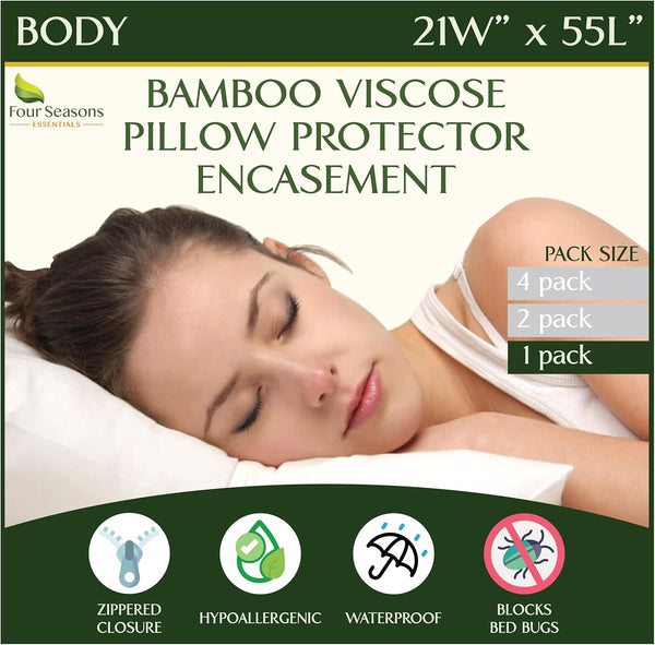 Four Seasons Essentials Body Size Waterproof Pillow Protector, Natural Viscose Bamboo Pillow Covers, Hypoallergenic
