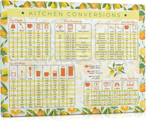 Extra Large Kitchen Conversion Chart Magnet | 11 x 8.5 | Lemon & Orange Style Decor for Baking & Cooking