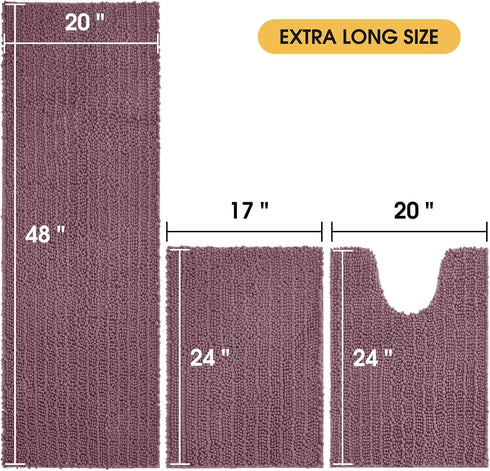 Upgrade 3 Pieces Extra Large Mauve Bathroom Rug Set, Ultra Soft Thick Absorbent Non Slip Chenille Bath Mats
