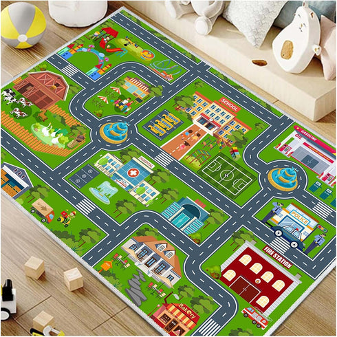 31''x47'' Kids Road Car Rug, Playroom Rugs City Road Race Track Rugs for Playing Cars Toys, Kids Car Rug Play Mat Road