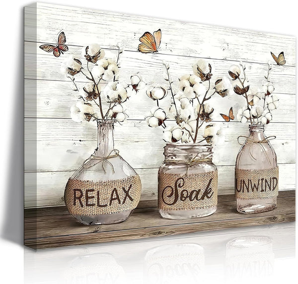 BJVJKSU Farmhouse Bathroom Wall Art - Rustic Cotton Flower Canvas Wall Decor, Vintage Aesthetic Bathroom Picture
