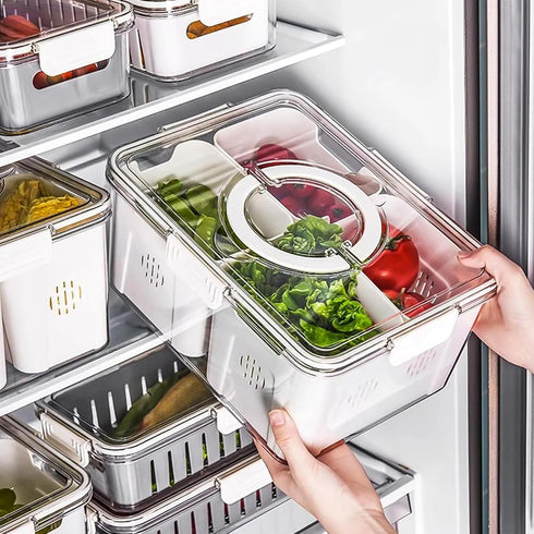 shopwithgreen Fruit Storage Containers with Lid and Handle, 4 Removable Colanders for Fridge, Portable Food Box