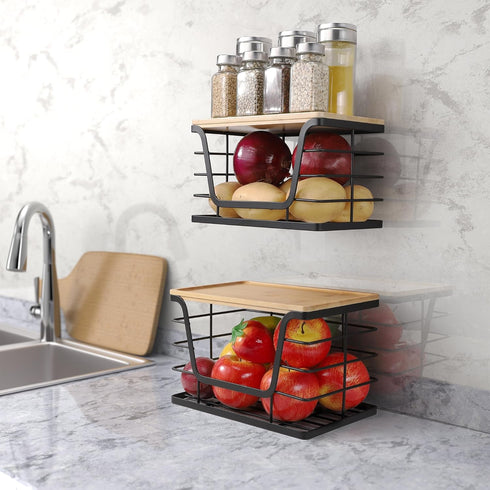 2 Pack Countertop ALOCEO Storage Stackable Kitchen Laundry Organizers with Bamboo Top, Large Trash Bag Holder and Small