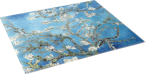 Tempered Glass Cutting Board, Van Gogh Design Green Flower, Large Heat Resistant, Dishwasher Safe 12x14 inch