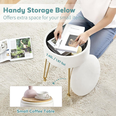 BRIAN & DANY Vanity Stool, Faux Fur Vanity Stool Chair with Storage, Round Makeup Chair Soft Padded Seat with Legs