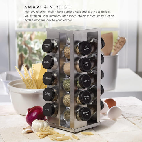 20 Countertop 5 Kamenstein Jar Heritage Revolving Spice Rack with Spices Included, Brushed Stainless Steel Rotating