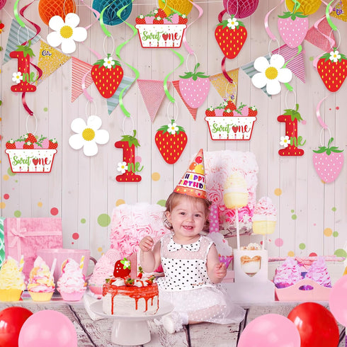 Strawberry 1st Birthday Party Hanging Swirls Decor, Streamers for Berry Sweet Themed First Birthday Supplies