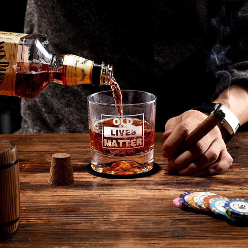 OLD LIVES MATTER Whiskey Glass, Funny Gag Gift for Men Dad, Unique Presents for Fathers Day Christmas Birthday