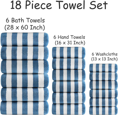 18 Set Loop-6 Towels,6 Towels,6 Set Pcs Navy Stripe Bath Towel with Hanging Bath Hand Washcloths Soft Family Towels