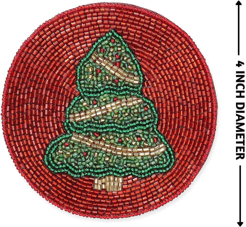 Set 4 (4") Folkulture Coasters of | Holiday Magic Beaded Handmade Round Drink Coasters for Coffee Table & Bar | Boho
