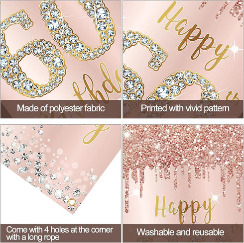 60th Birthday Door Banner Decorations for Women, Pink Rose Gold Happy 60th Birthday Poster Sign Decor