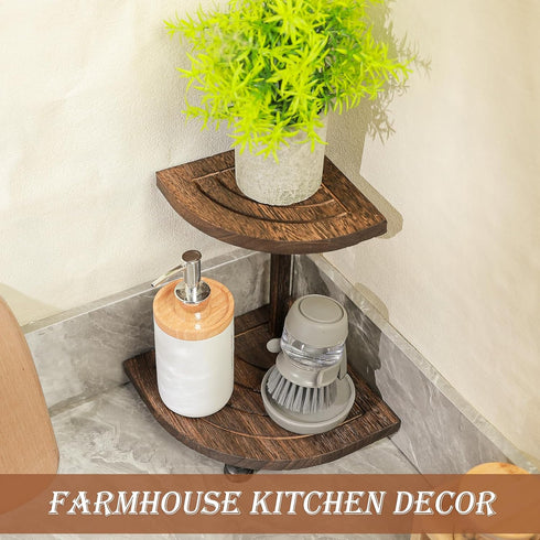 Tikea Decorative Wood Riser for Display, 2-Tier Rustic Corner Shelf for Kitchen Bathroom Counter Decor, Brown Pedestal